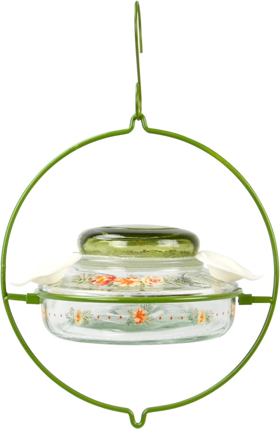 Green Floral Glass and Metal Hanging Hummingbird Feeder