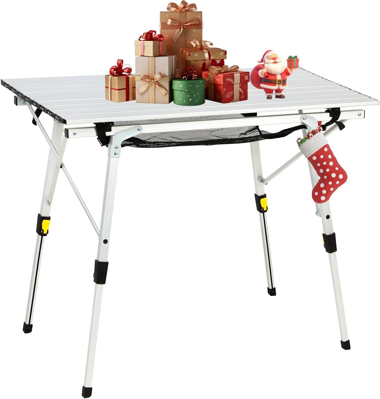 PORTAL Outdoor Folding Portable Picnic Camping Table with Adjustable Height Aluminum Roll Up Table Top Mesh Layer, Silver