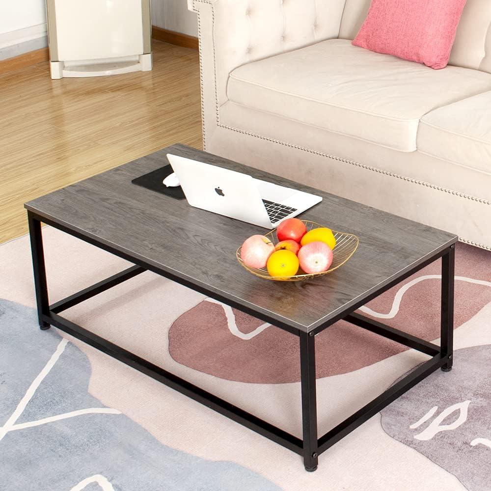 Dark Brown and Black Industrial Coffee Table with Metal Frame