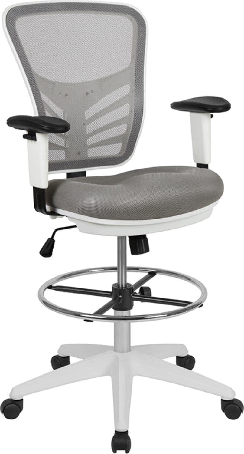 ErgoFlex Light Gray Mesh Drafting Chair with White Frame and Chrome Accents