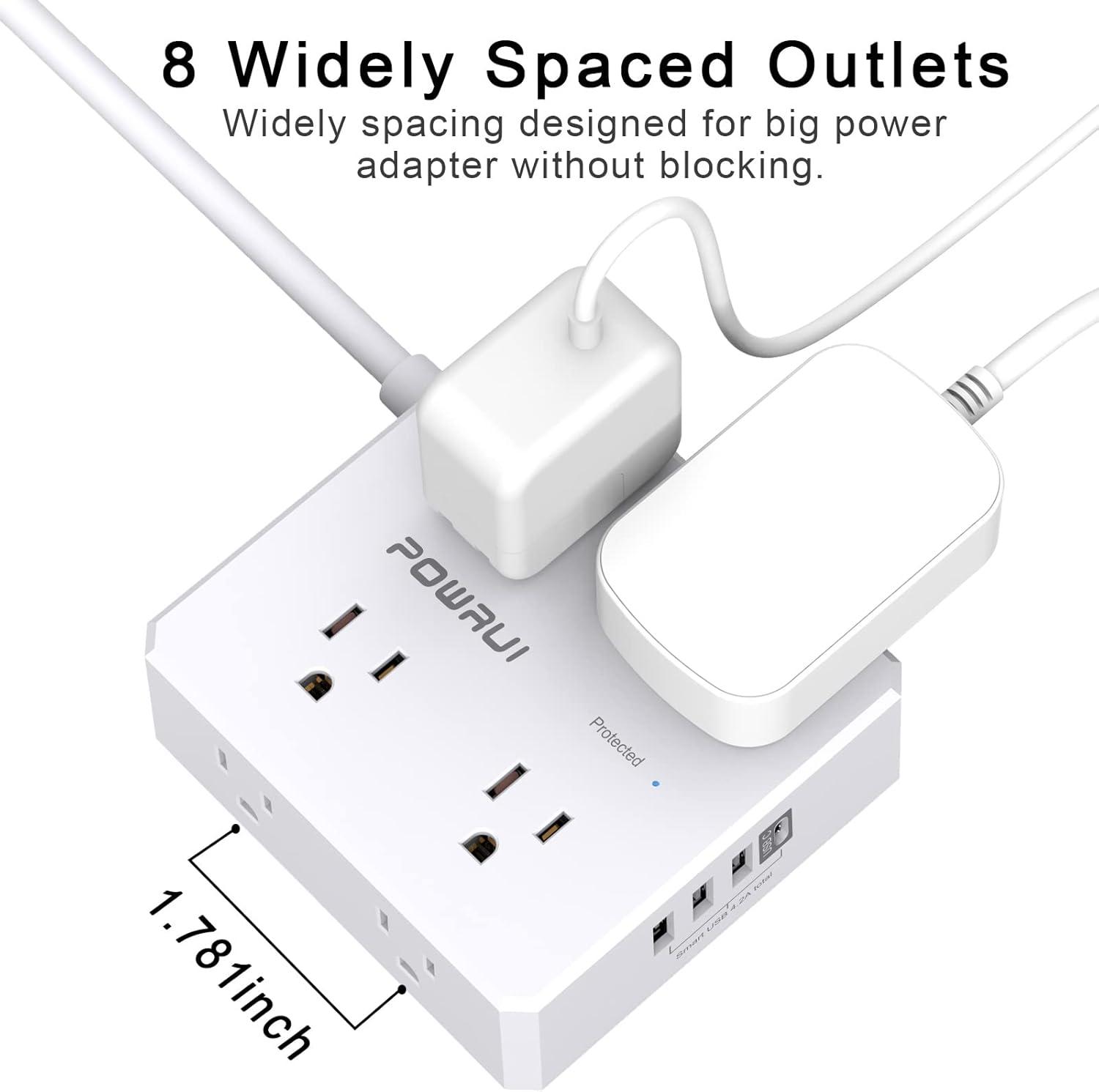 Surge Protector Power Strip - 6 Ft Flat Plug Extension Cord with 8 Widely Outlets and 4 USB Ports(1 USB C), 3 Side Outlet Extender for Home Office, White, ETL Listed