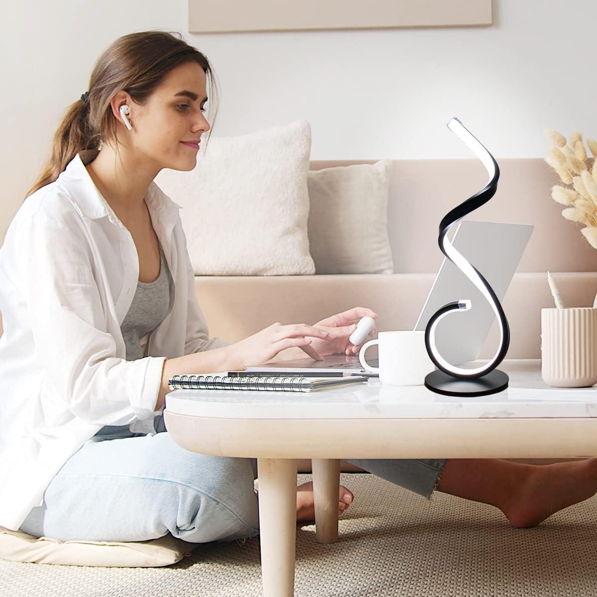 Modern Spiral LED Table Lamp, Stepless Dimmable Bedside Table Lamps for Bedroom, 10W LED Desk Lamp 3 Color Modes Desk Light Reading Office Lamps for Nightstand, Living Room- Silver