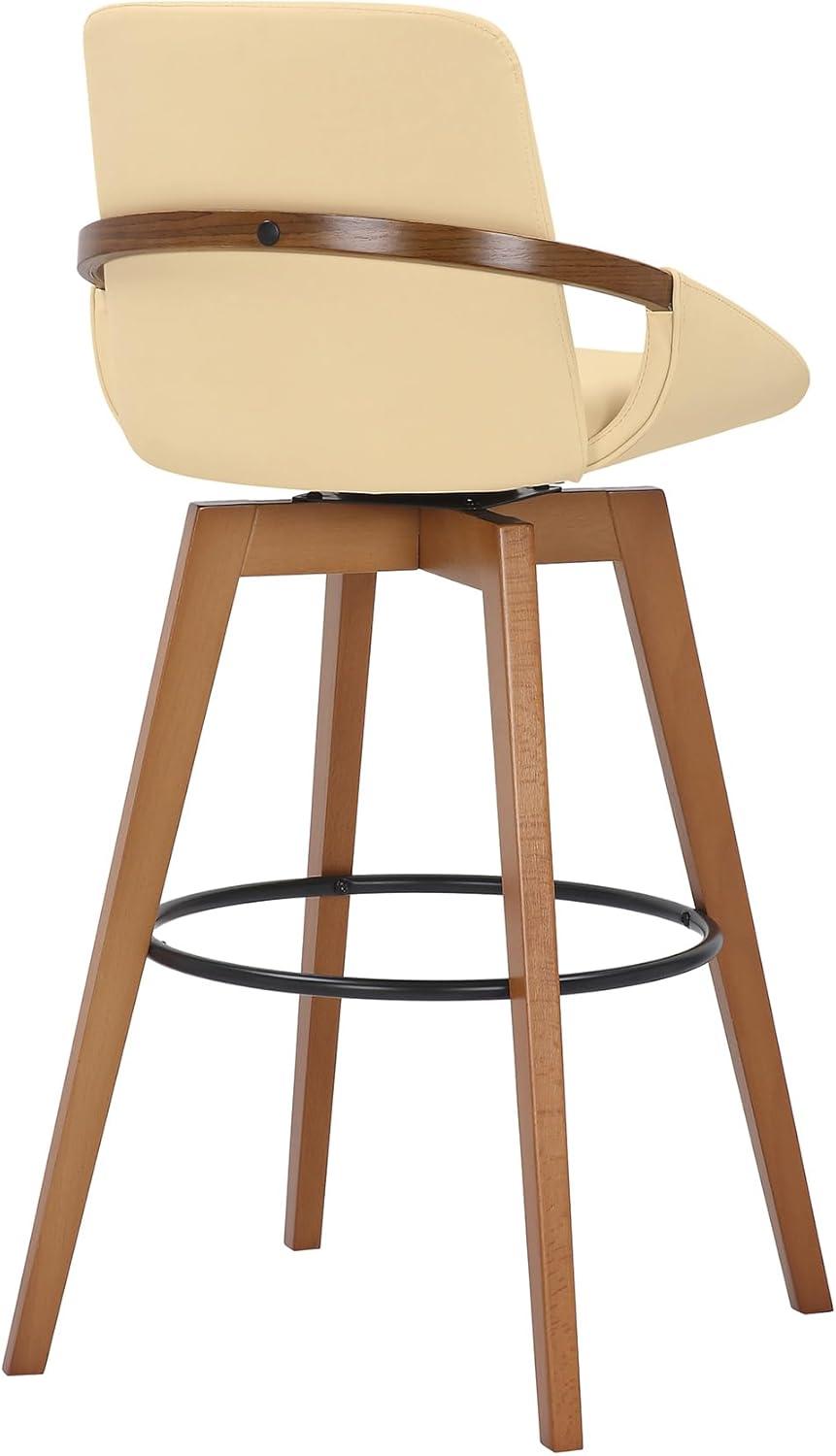 Cream Faux Leather and Walnut Wood Swivel Bar Stool