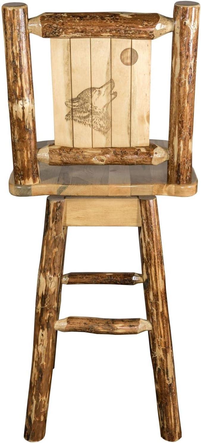 Rustic Lodge Pole Pine Swivel Barstool with Laser-Engraved Wolf