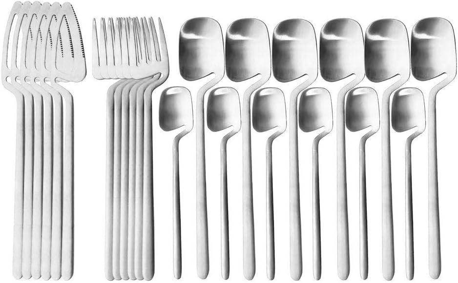 Flatware Set, 24-piece Silverware Cutlery Set with Serving Kitchen Utensil Set Service for 6, 304 Stainless Steel Utensils, Knife/Fork/Spoon, Matte Finish (A-Silver)