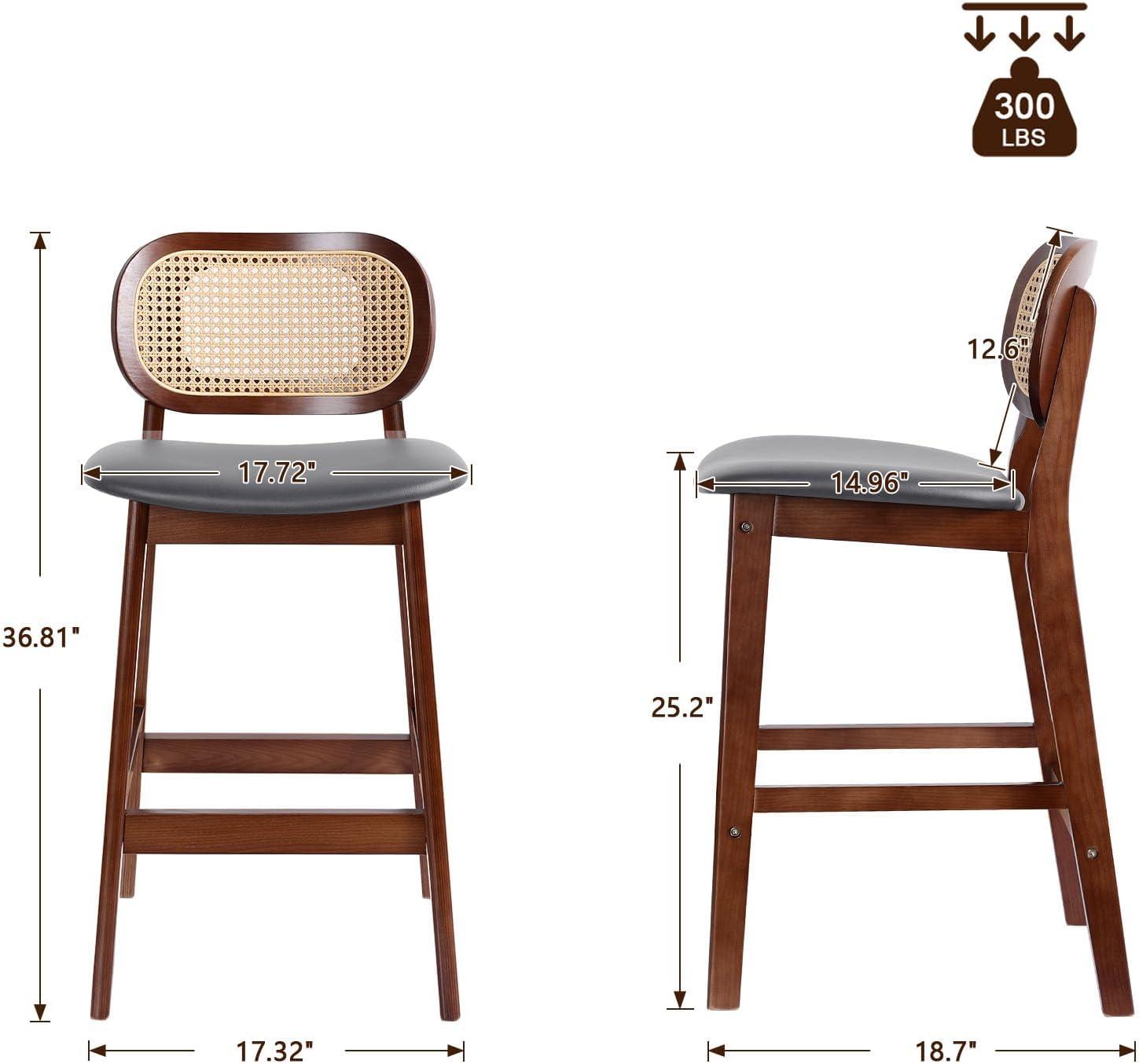 Lucky Monet Wood Upholstered Counter Height Bar Stools with Rattan Back - 36.81"H x 17.72"W x 18.7"D Set of 2 - White Faux Leather/ Brown Frame