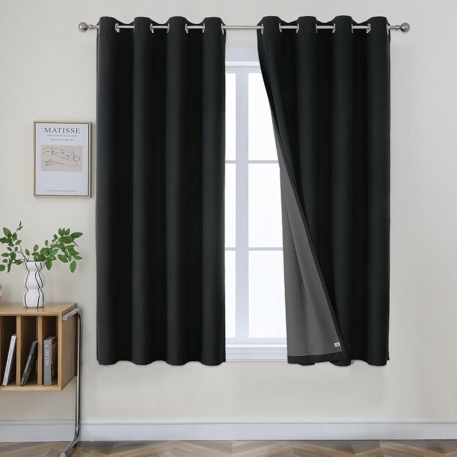 Coodeto Short Blackout Curtains Black, Set of 2, W52 x L63 - Blackout Curtains for Kitchen and Kids Bedroom