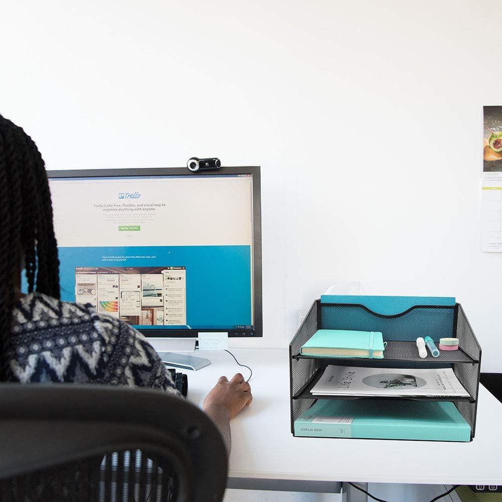 EASEPRES Mesh Desktop File Organizer, Document Mail Desk Folder Holder with 3 Paper Letter Tray and 1 Vertical Upright Compartment for Office Supplies, Desk Accessories & Workspace, Black