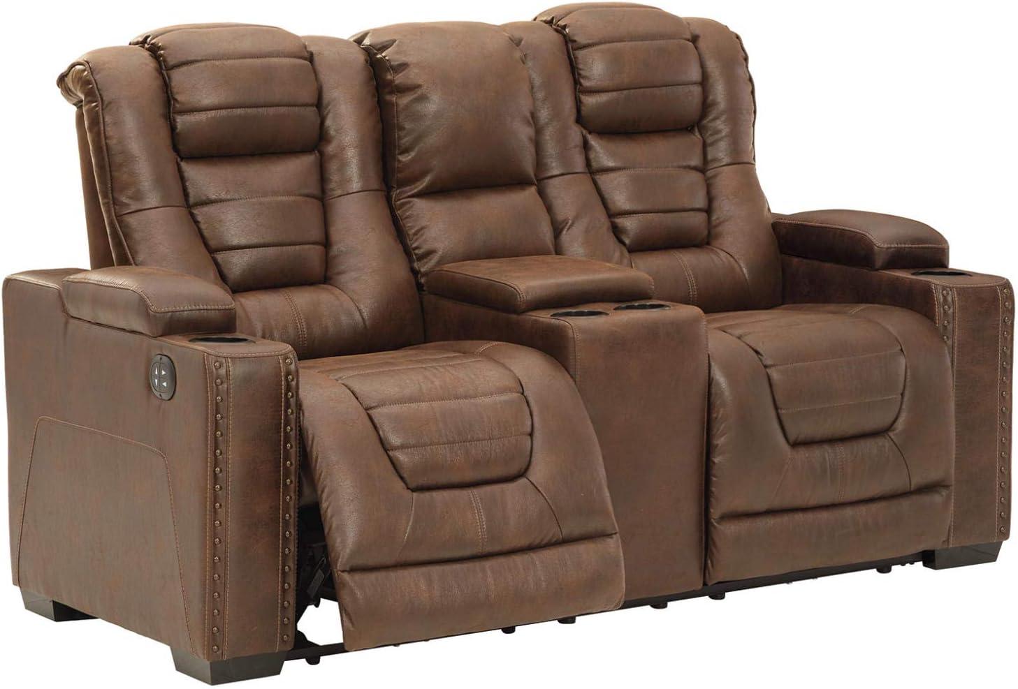 Ashley Furniture Owner's Box Faux Leather Power Reclining Loveseat in Dark Brown