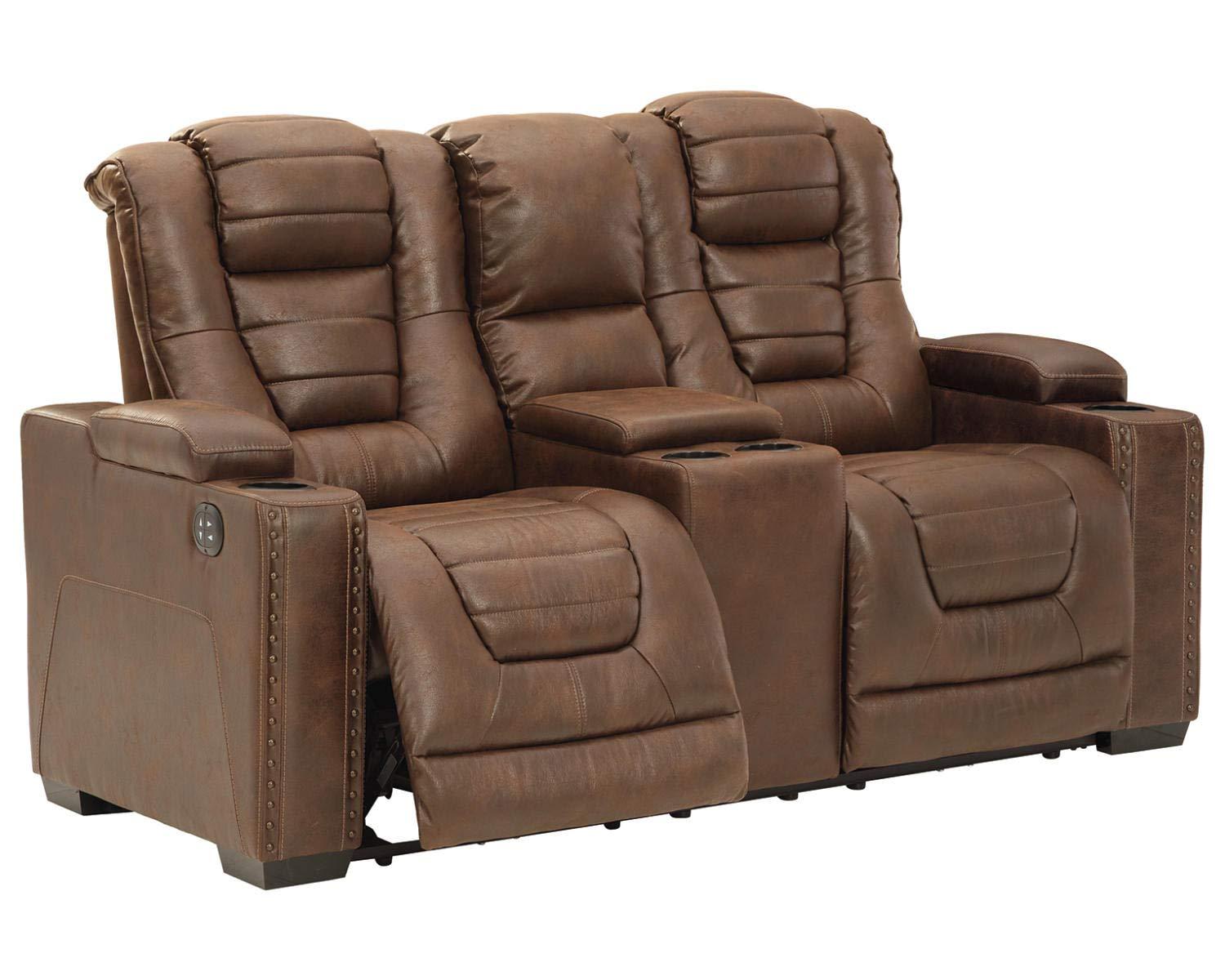 Ashley Furniture Owner's Box Faux Leather Power Reclining Loveseat in Dark Brown