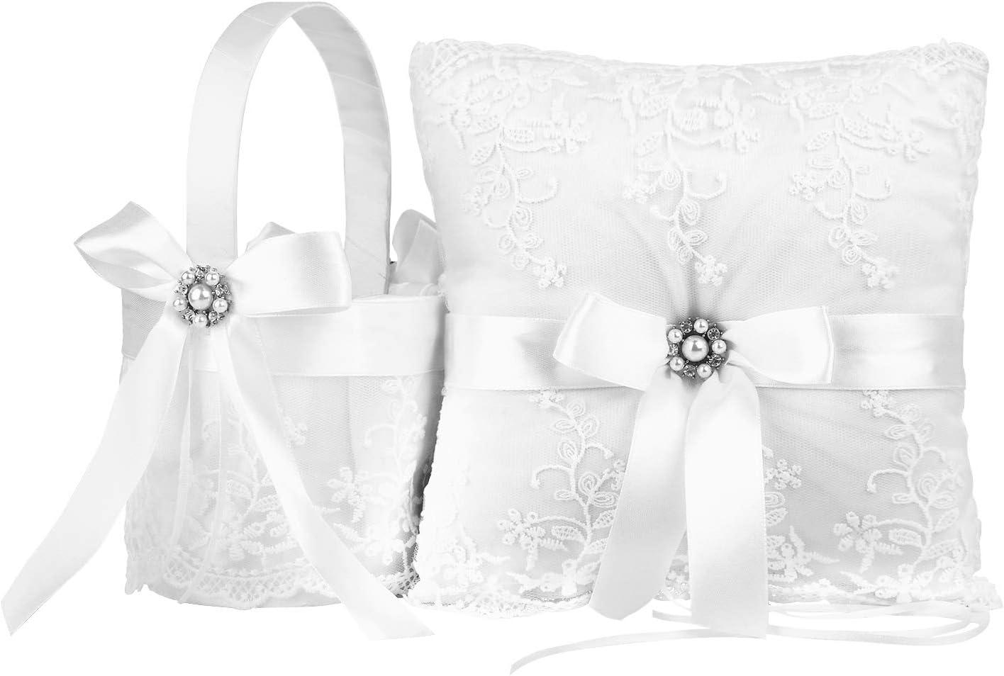 White Satin Lace Wedding Ring Pillow and Flower Girl Basket Set