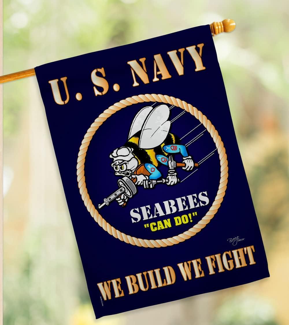 Breeze Decor Sea Bees House Flag - Armed Forces Navy USN Seabee United State American Military Veteran Retire Official - Decoration Banner Small Garden Yard Gift Double-Sided Made in USA 28 X 40