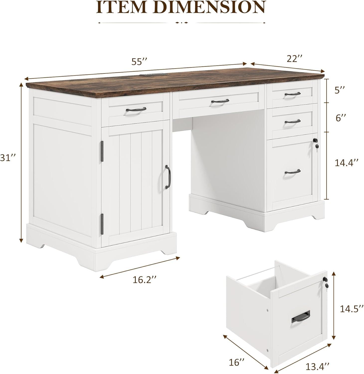 August Grove® 55'' Farmhouse Executive Desk with Drawers, File Cabinet and Power Outlets