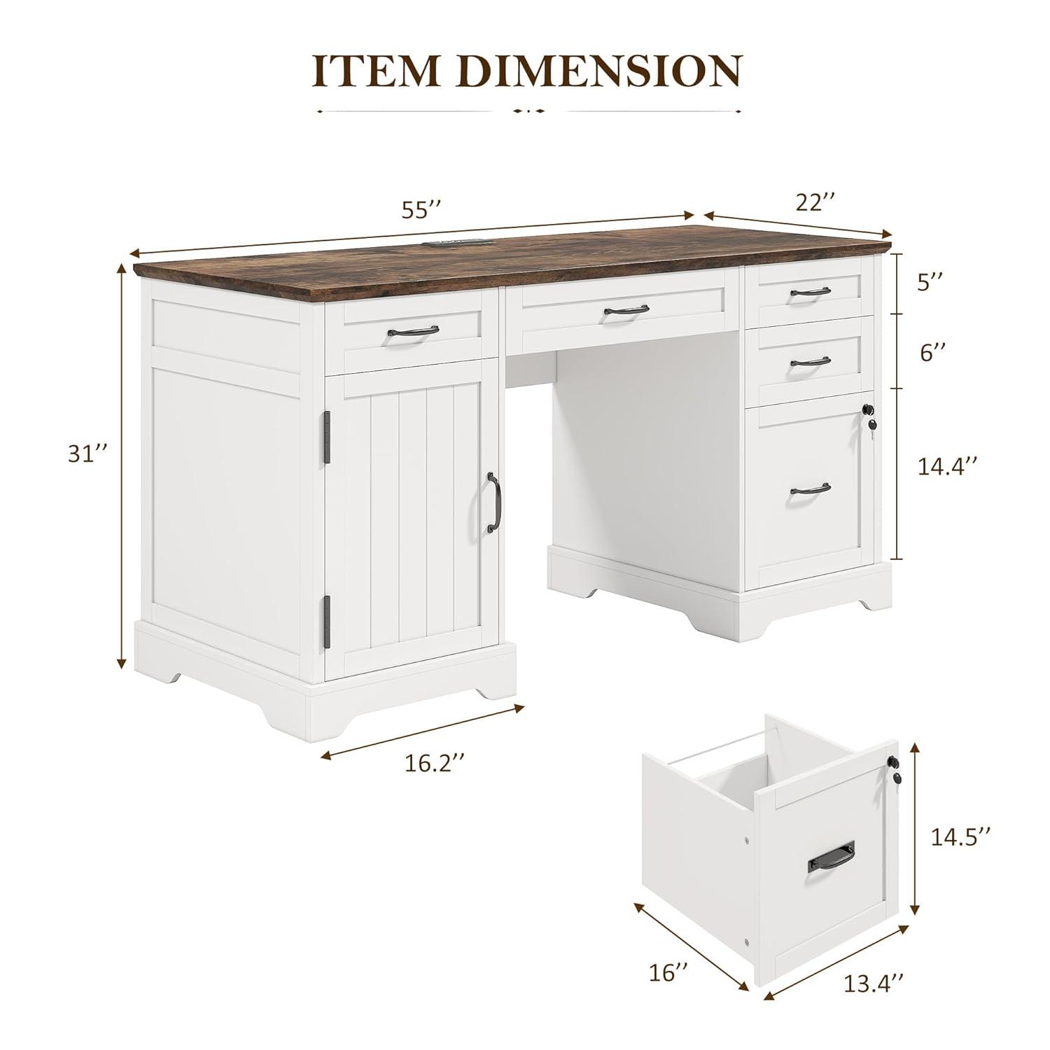 August Grove® 55'' Farmhouse Executive Desk with Drawers, File Cabinet and Power Outlets
