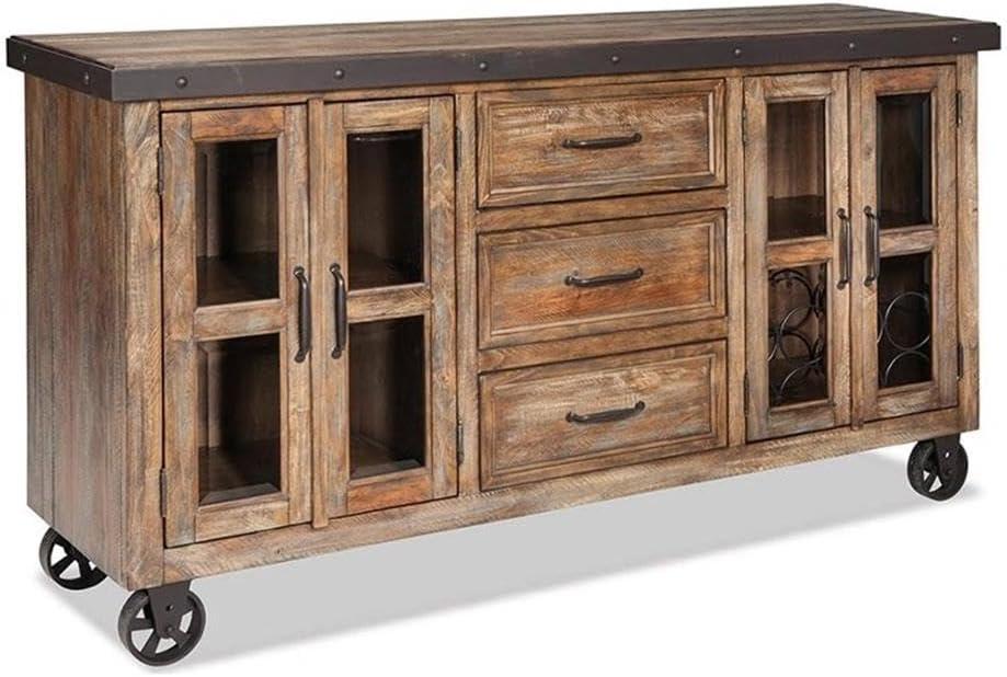 Canyon Brown Hardwood and Metal Sideboard with Glass Doors