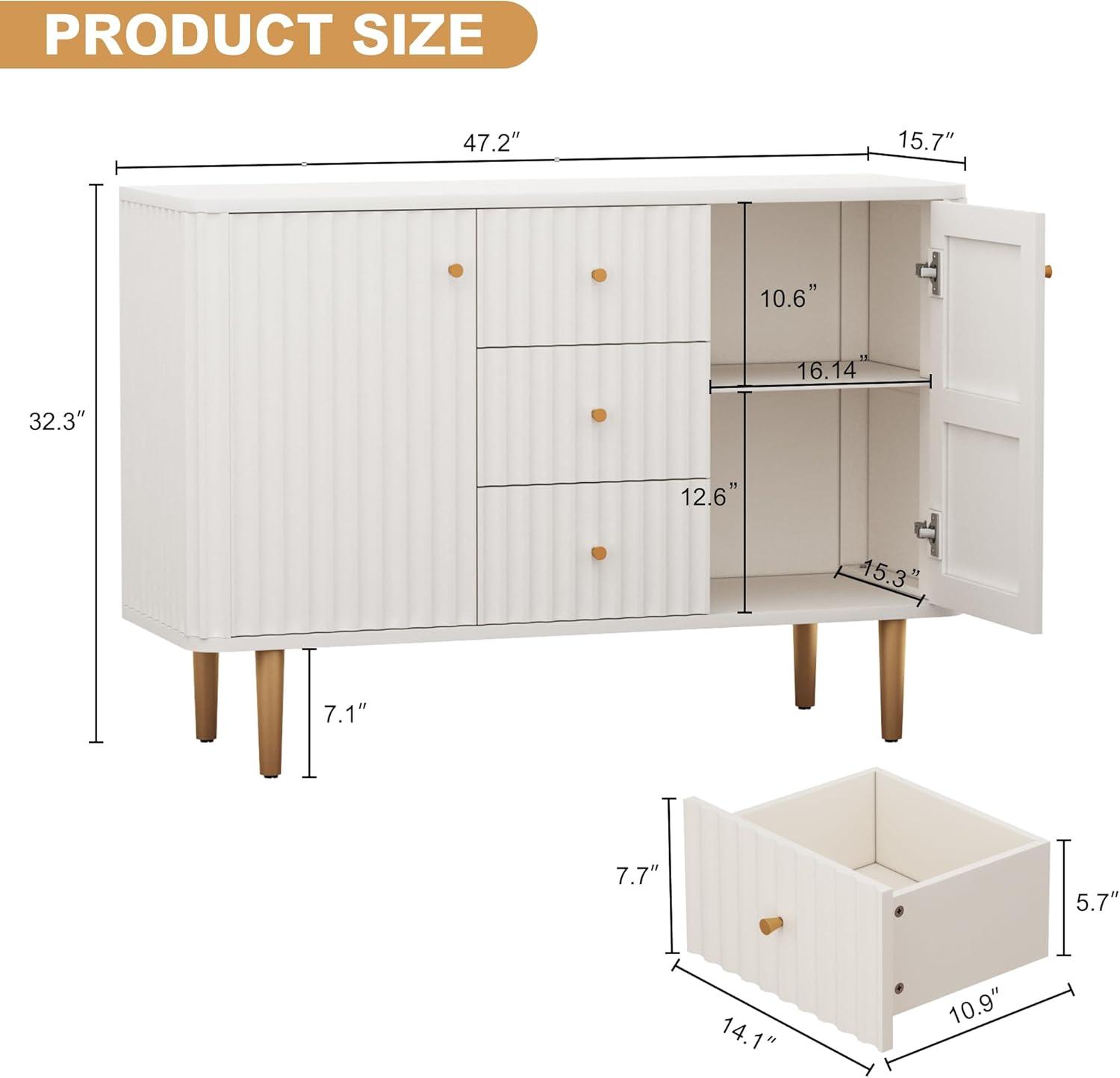 Lunale 48" 3-Door Storage Buffet Cabinet, Cabinet with Vertical Stripes Design Doors and Metal Handles for Living Room, White