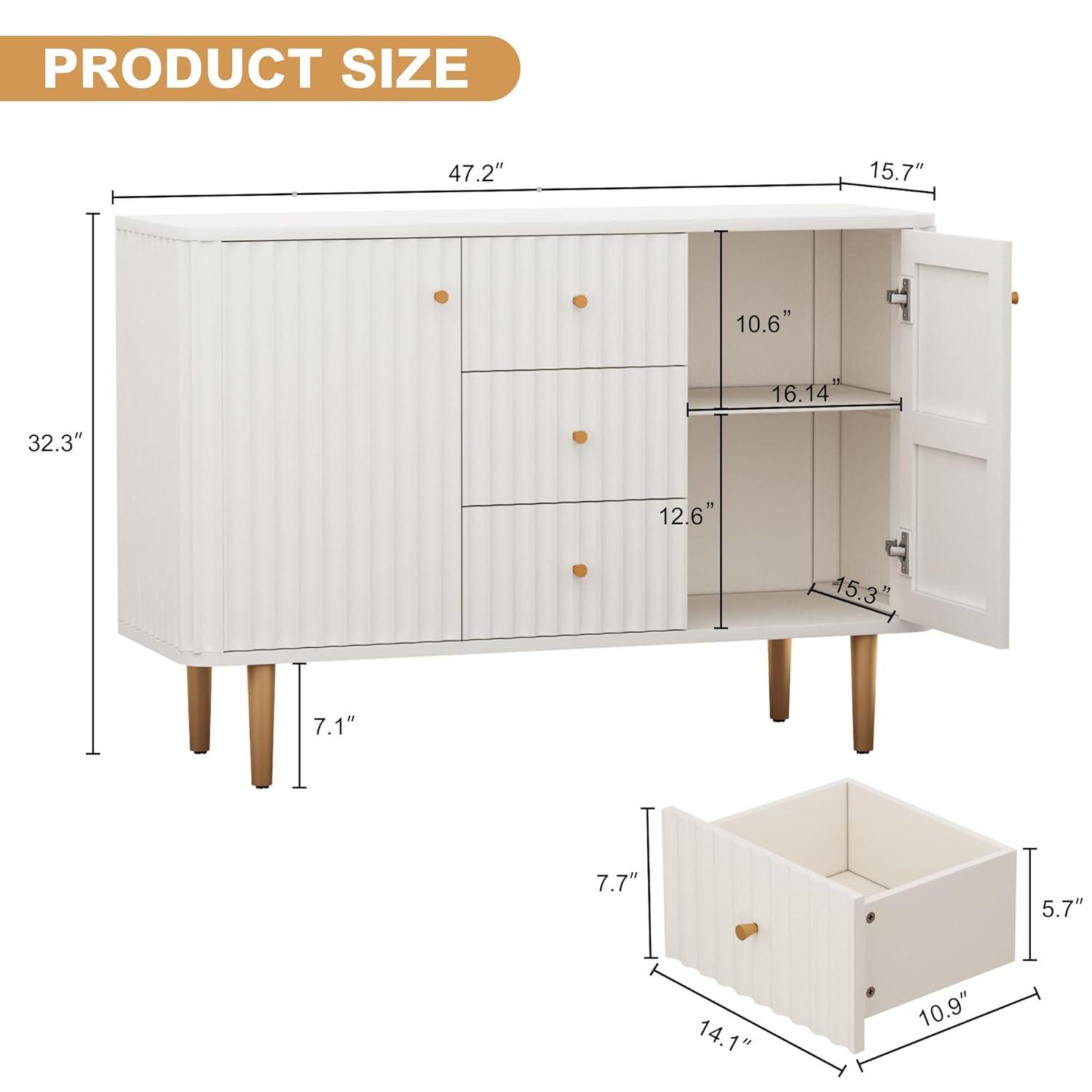 Lunale 48" 3-Door Storage Buffet Cabinet, Cabinet with Vertical Stripes Design Doors and Metal Handles for Living Room, White