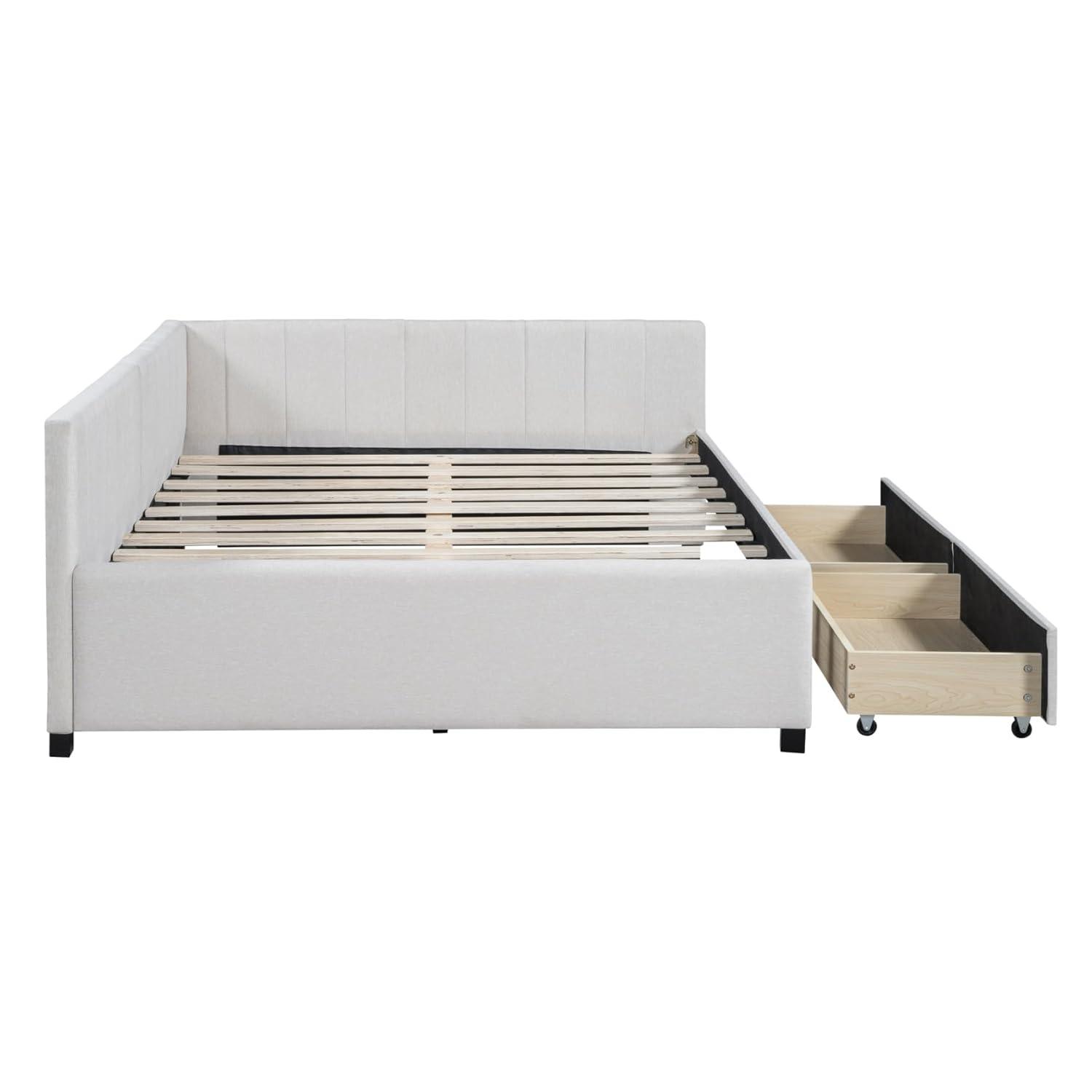Full Size Daybed with 2 Storage Drawers,L-Shaped Upholstered Linen Fabric Sleeper Sofa Bed Couch,No Box Spring Needed for Kids Girls Adults,Beige
