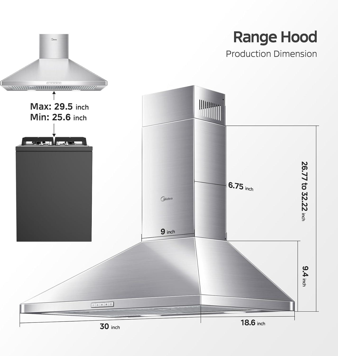 Midea MVP30W6AST 30" Pyramid Range Hood, 450 CFM, 3 Speed Fan, Ductless Convertible