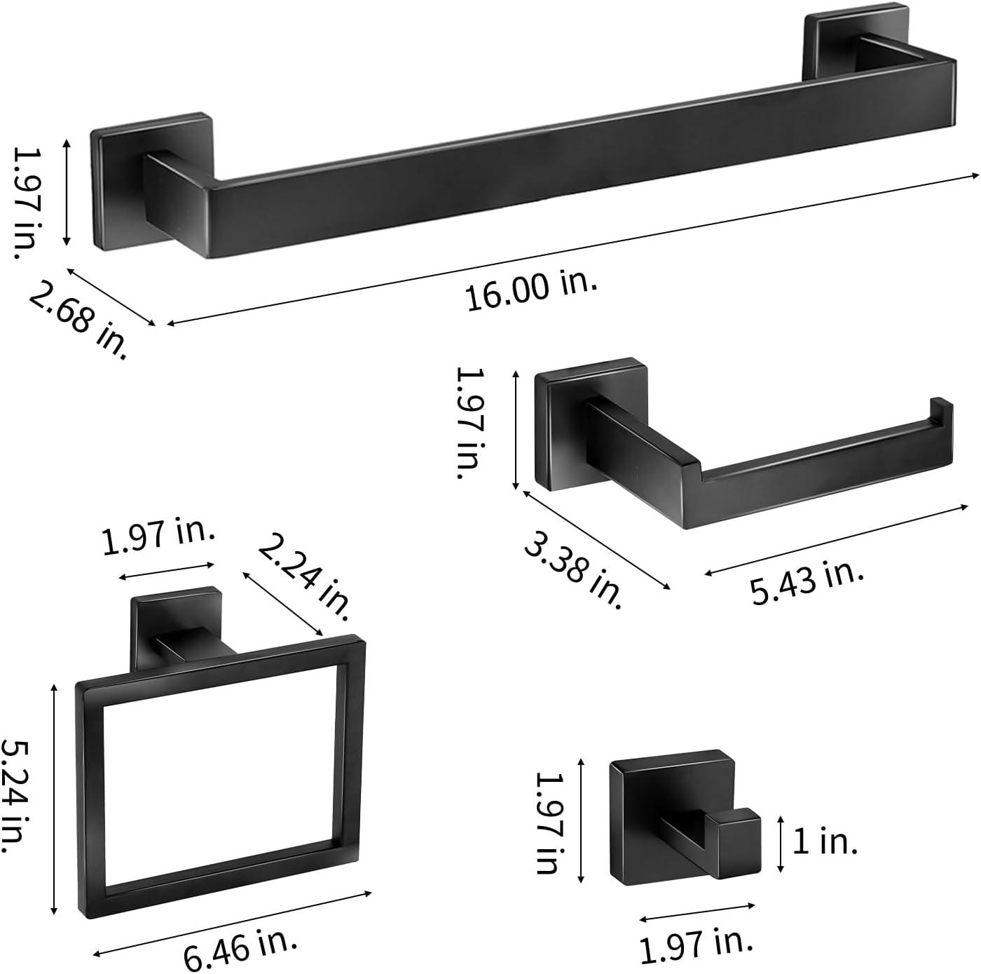 5 Pieces Square Matte Black Stainless Steel Bathroom Accessories Set Include 23.6 in Towel Bar, Toilet Paper Holder, Towel Ring, 2 Robe Towel Hooks
