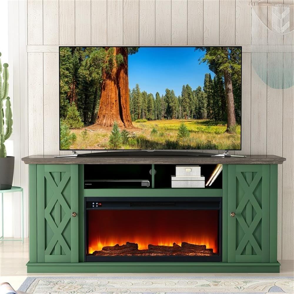LIVILAND 68 in. TV Stand Media Console for TV up to 75 in. w/ Fireplace - Green