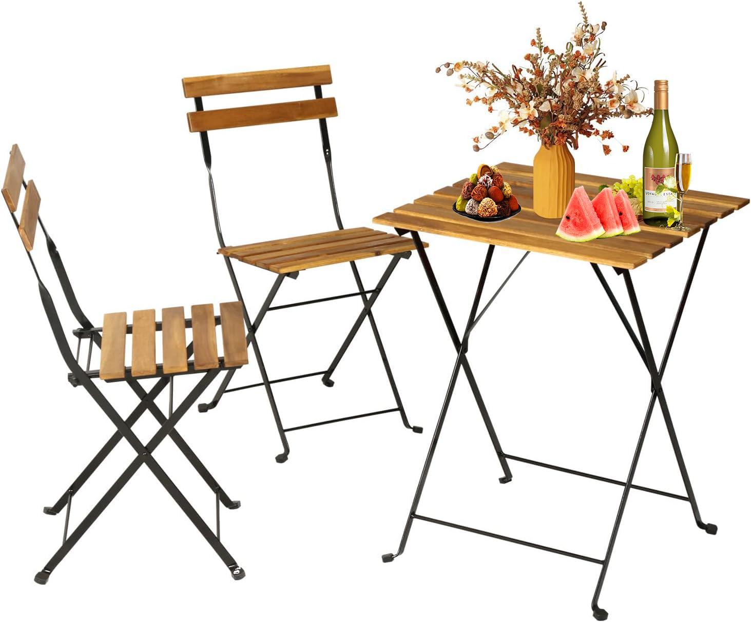 BestMassage 3 Piece Bistro Set Folding Chairs Table with Weather-Resistant Wood, Natural