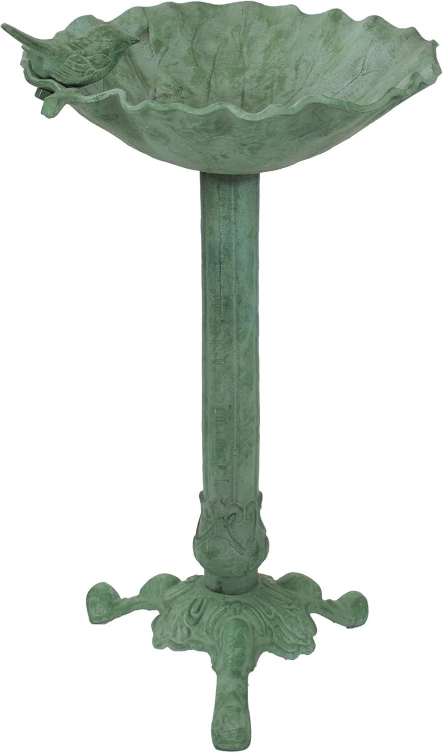 Autumnal Leaf Freestanding Cast Aluminum Outdoor Bird Bath - Green Patina