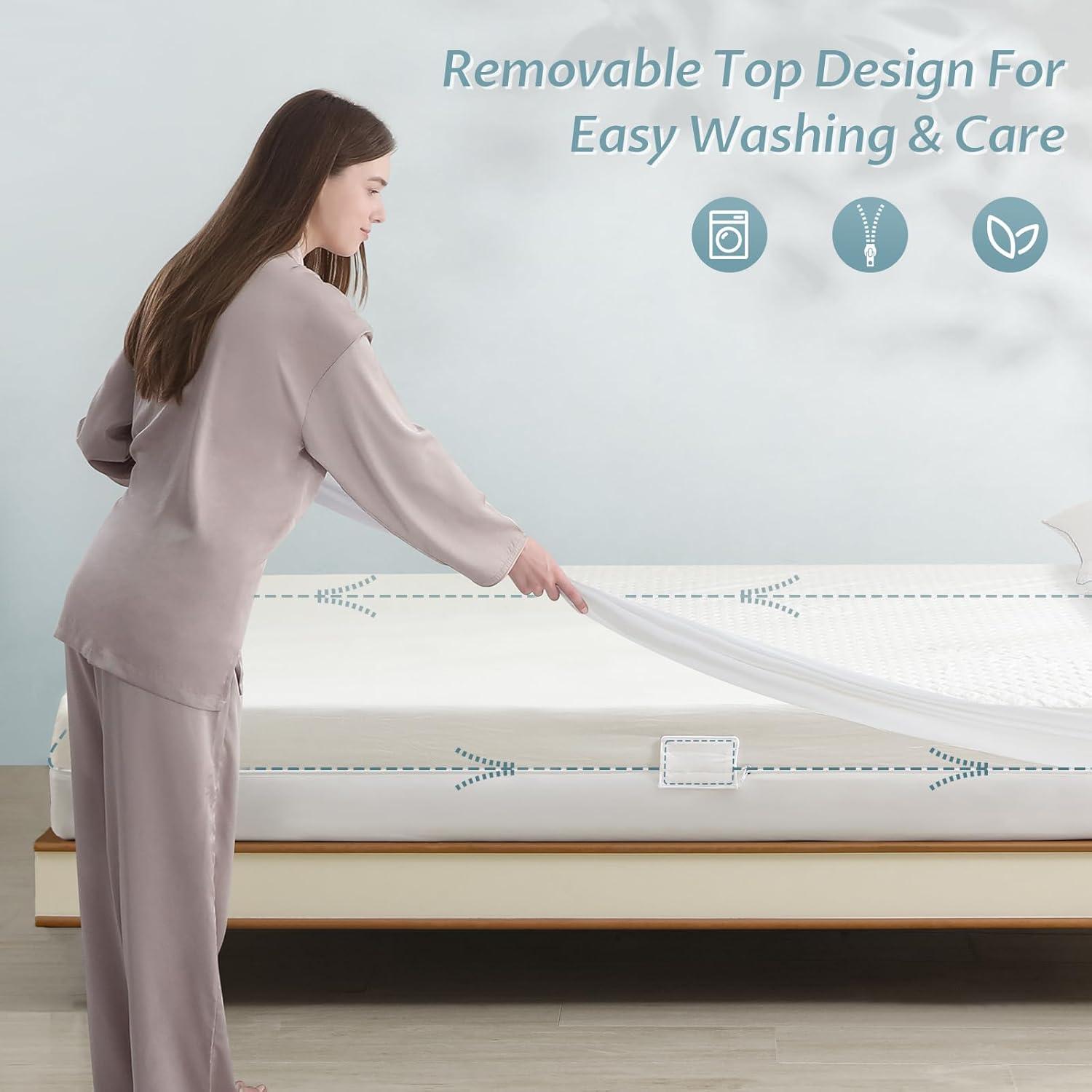 Queen Size Bed Waterproof Bamboo Mattress Protector with Zipper -Cooling Breathable Noiseless Mattress Pad Cover - Top Removable Mattress Encasement 10-12" Deep