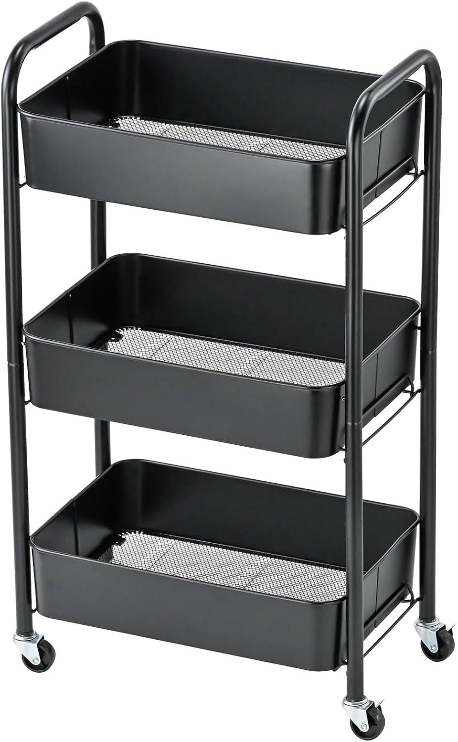 Zeki Shoggy 3-Tier Rolling Metal Storage Organizer - Mobile Utility Cart, Kitchen Cart With Caster Wheels (Black)