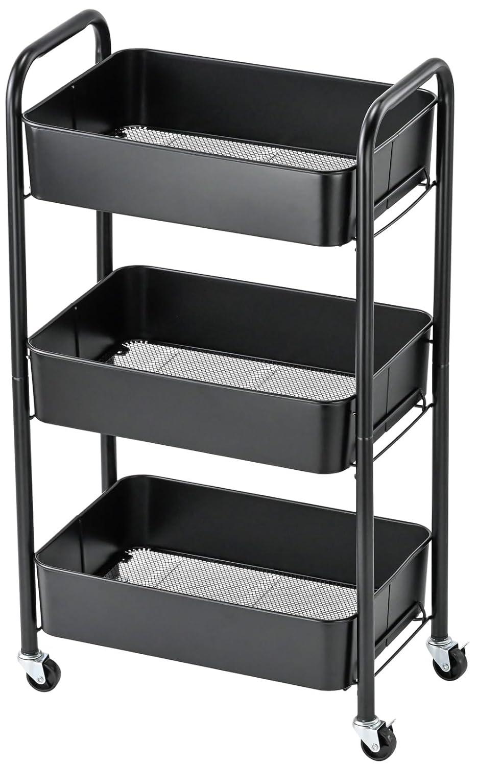 Zeki Shoggy 3-Tier Rolling Metal Storage Organizer - Mobile Utility Cart, Kitchen Cart With Caster Wheels (Black)
