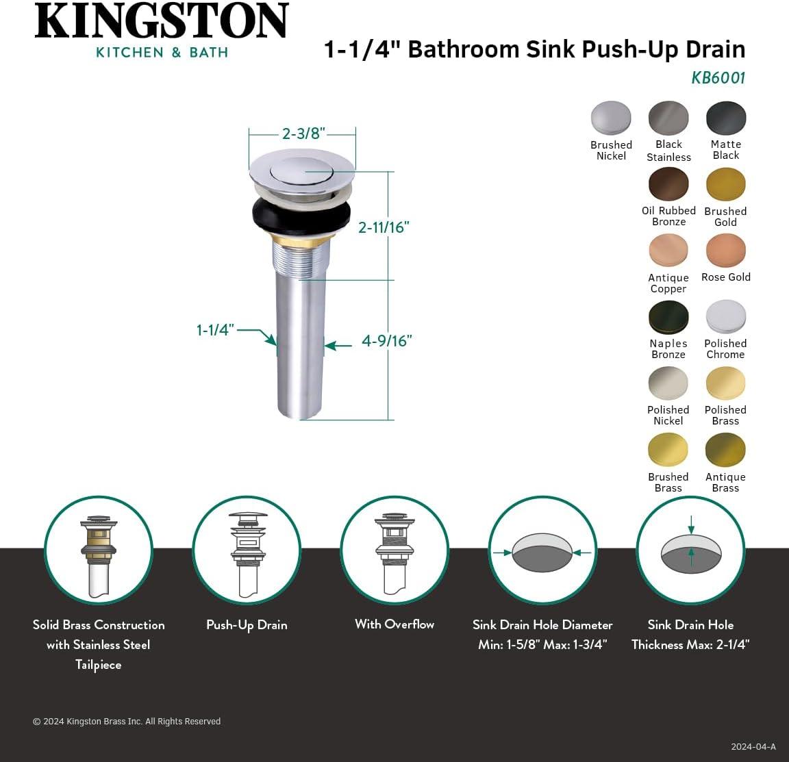 Kingston Brass Complement Brass Push Pop-Up Bathroom Sink Drain with Overflow