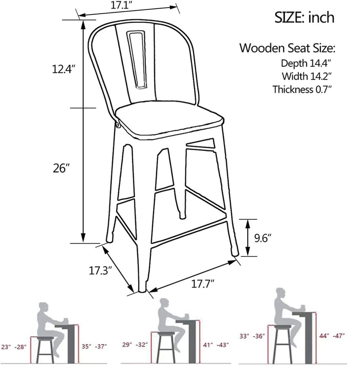 Alunaune 26" Swivel Metal Bar Stools Set of 4 High Back Counter Height Barstools Industrial Dining Bar Chairs with Large Wooden Seat-Matte Black