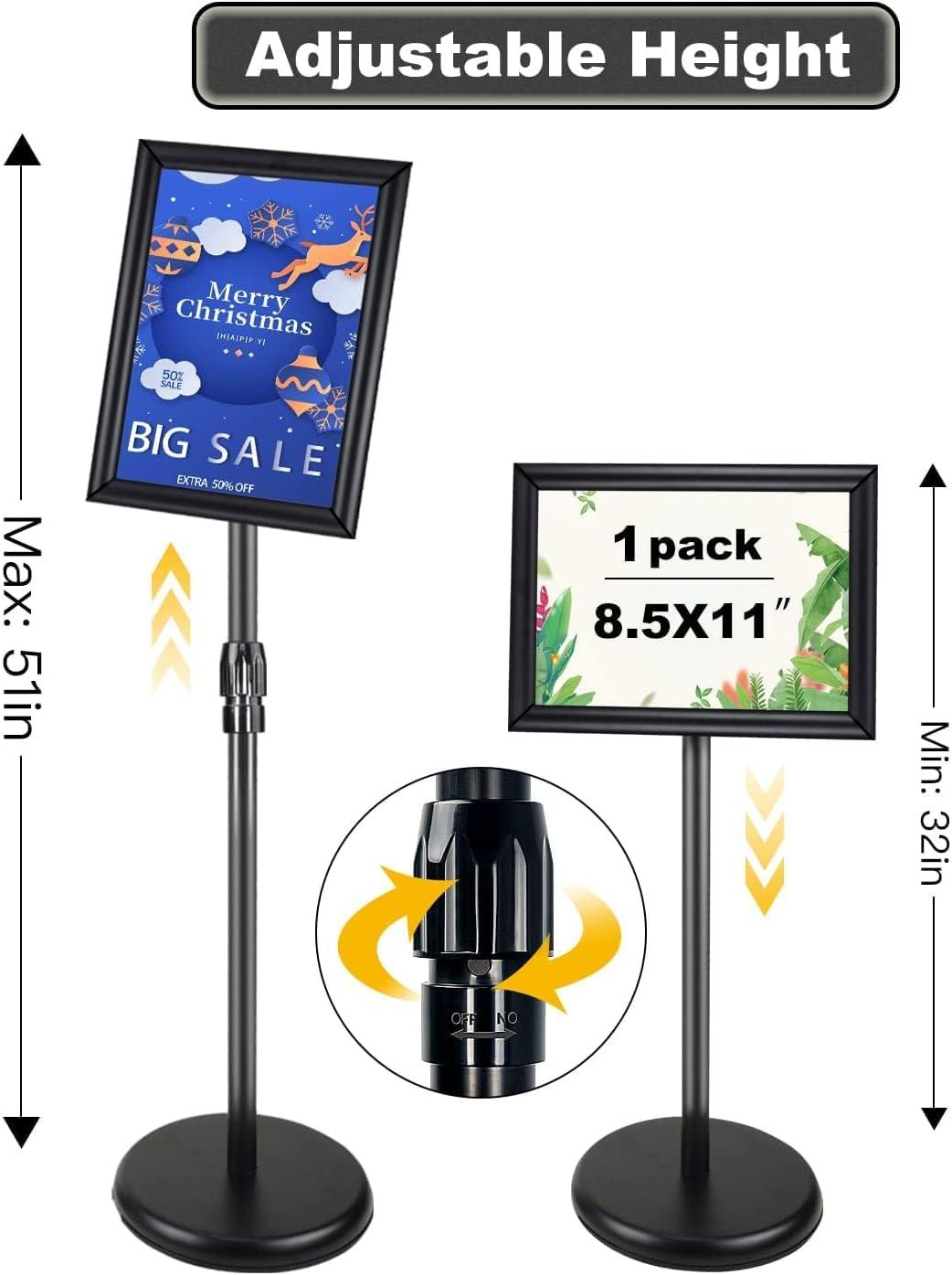 Adjustable Sign Holder Stand 8.5x11 inch,Pedestal Floor Signage Standing Holder with Heavy Duty Base, Aluminum Snap Open Frame Display for Business Restaurant, Mall,Schools-1 Pack