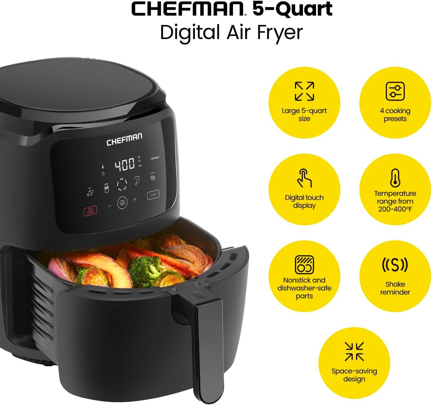 Chefman Air Fryer w/ One Touch Digital Controls, 5 Qt Capacity, Shake Reminder - Black, New