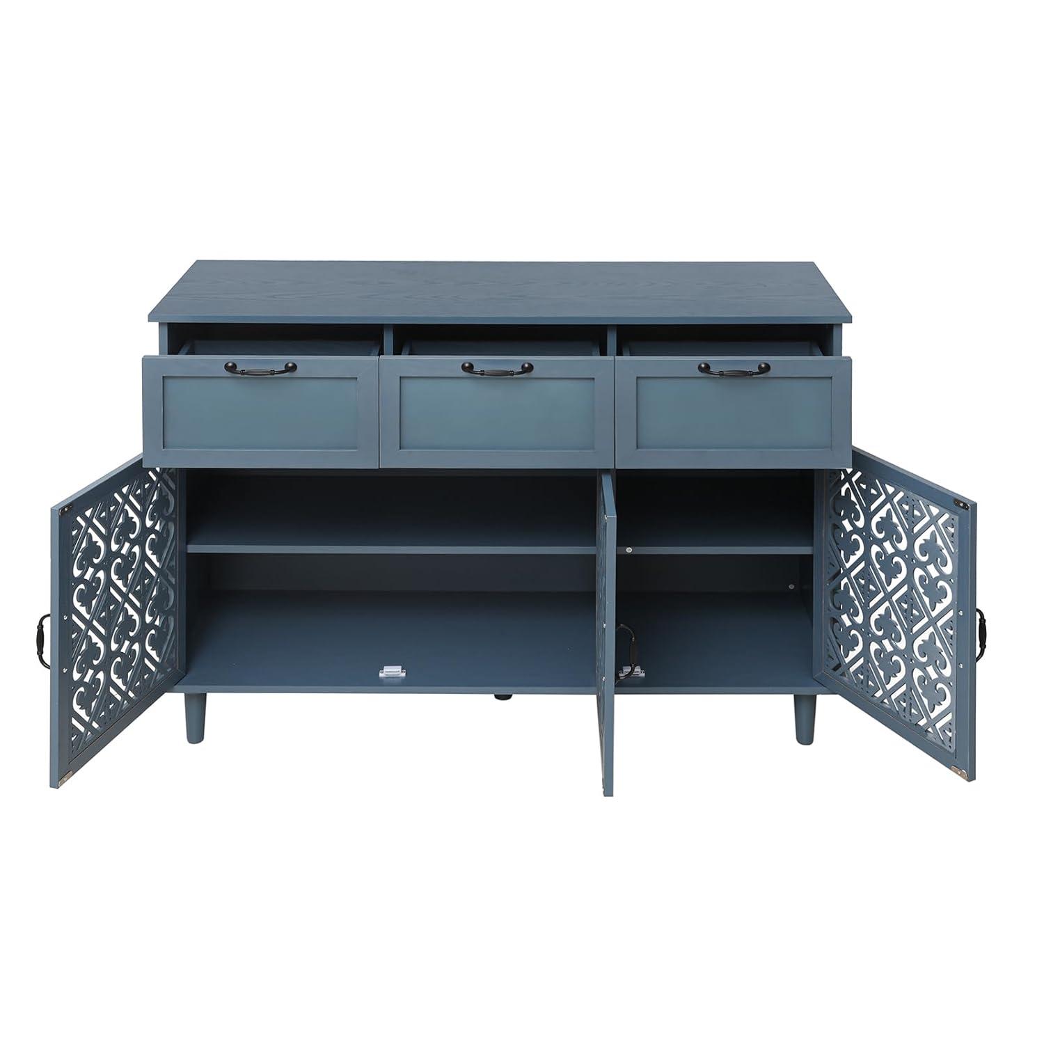 Sideboard Buffet Cabinet with Storage - Accent Storage Cabinet with Hollow Carved Pattern, Modern 2 Door 3 Drawer Cabinet, Farmhouse Wood Credenza for Living Room, Dining Room (Blue)