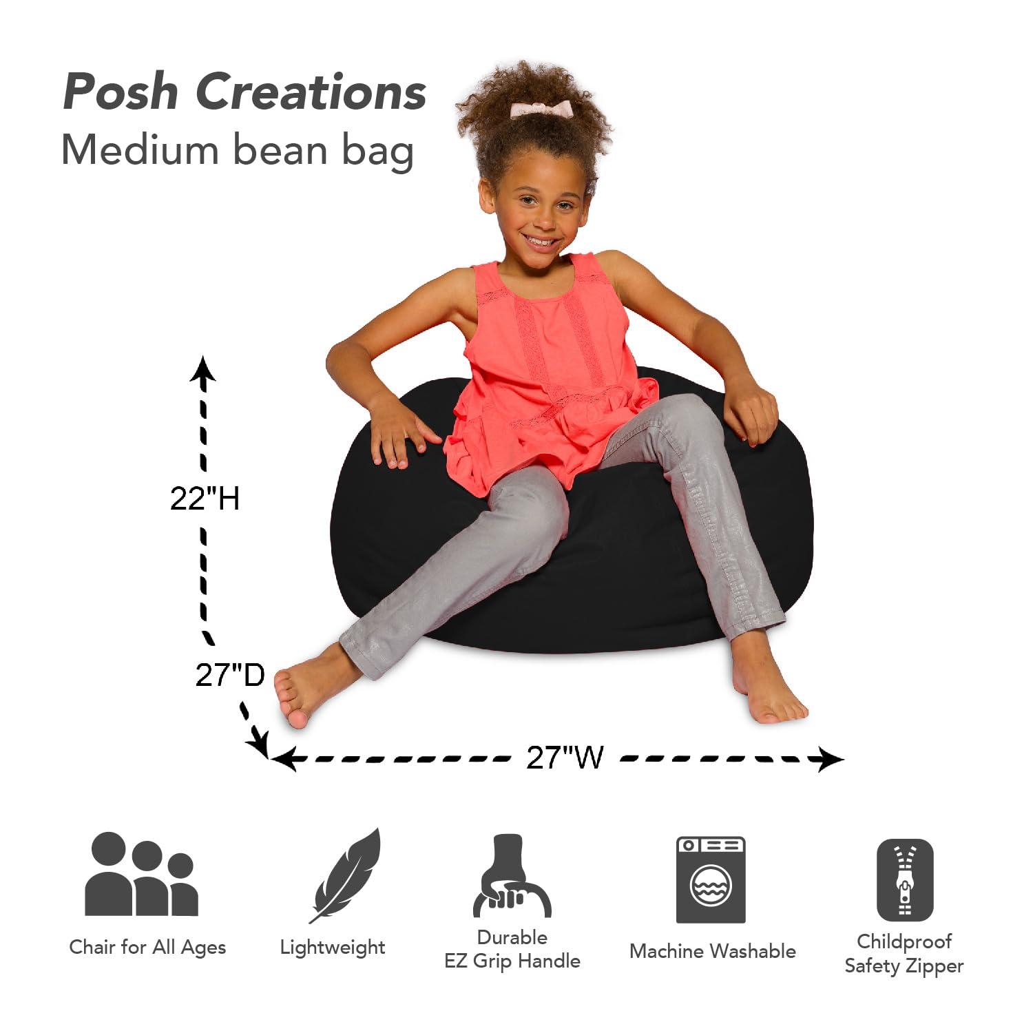 Medium Black Polyester Bean Bag Chair with Removable Cover
