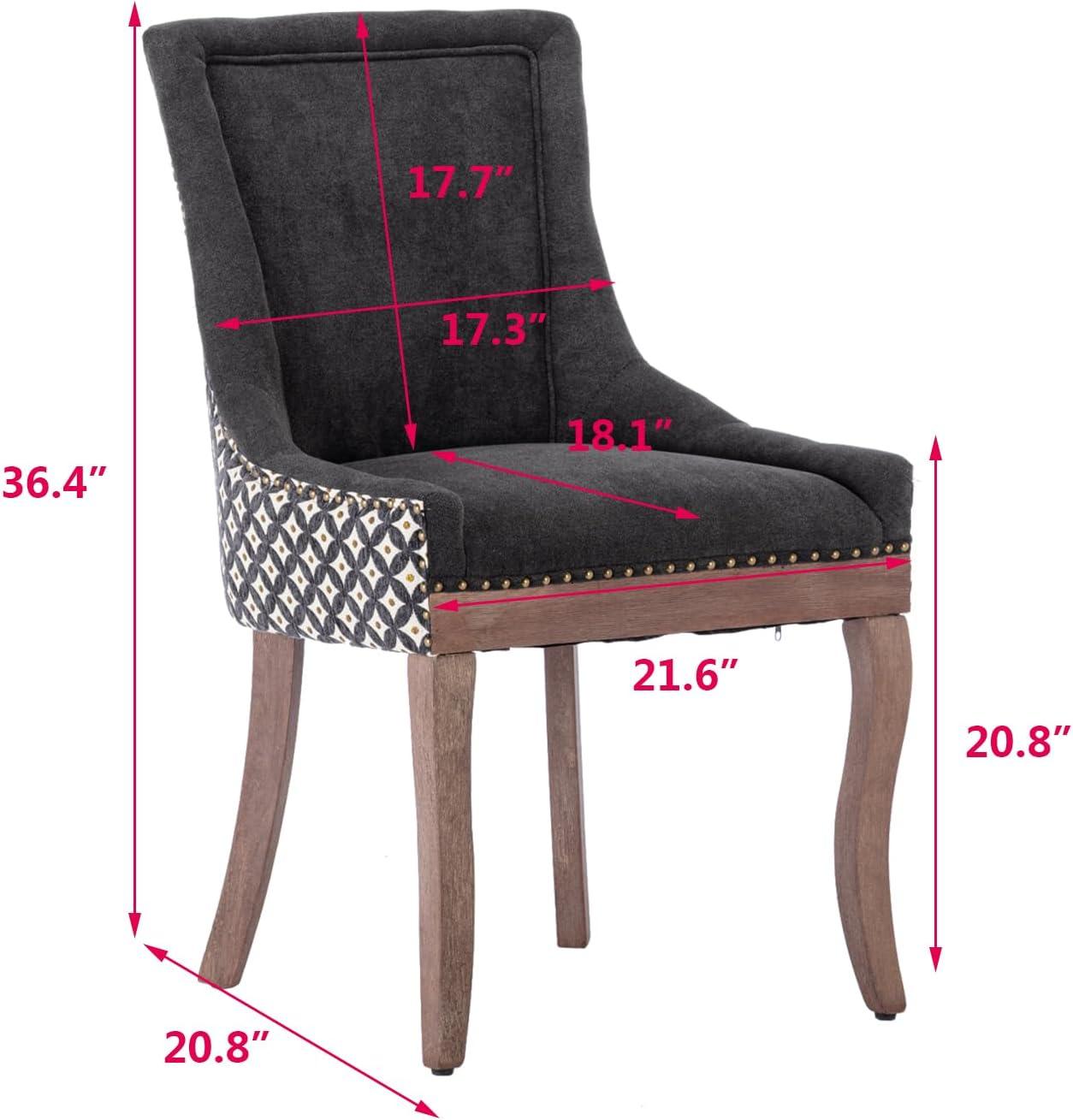Upholstered Dining Chairs Set of 2, Solid Wood Kitchen Dining Room Chairs with Thicken Padded and Nailhead Trim for Home Kitchen Bedroom Black and Patterned
