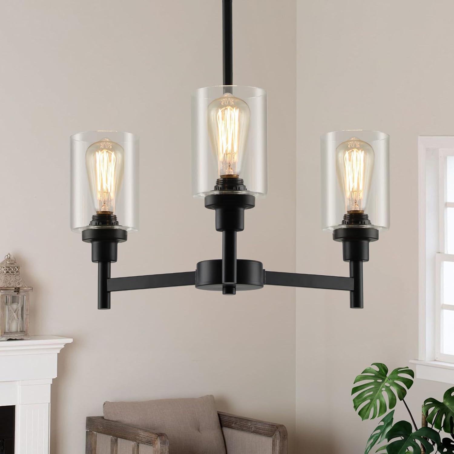 Black Chandelier for Dinning Room Living Room Island Kitchen Chandelier Light Fixtures Over Table, 3 Light Farmhouse Chandelier with Cylinder Clear Glass, Height Adjustable