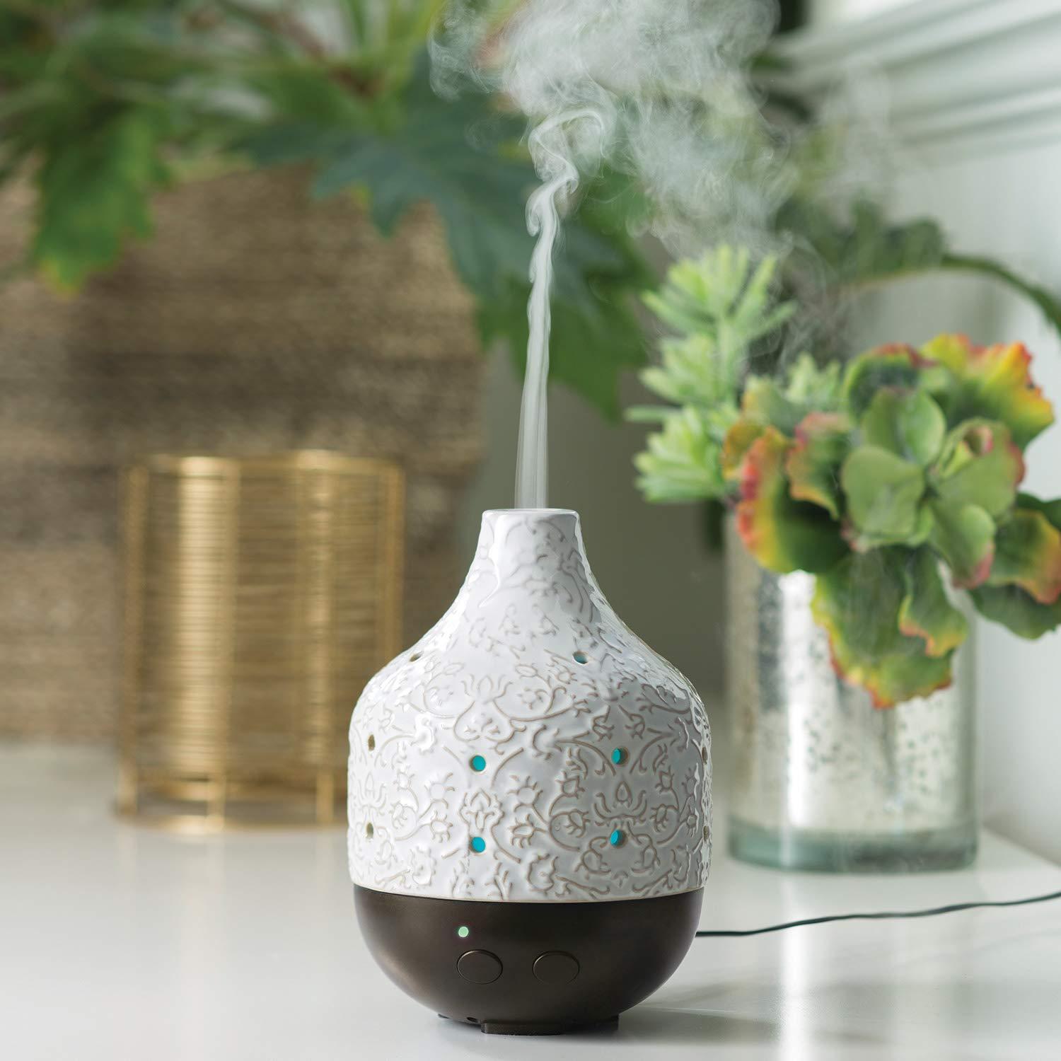 Airome Botanical Large Ceramic Essential Oil Diffuser250 mL Humidifying Ultrasonic Aromatherapy Diffuser 8 Colorful LED Lights, Up to 24 Hours Intermittent & Continual Mist with Auto Shut-Off, White