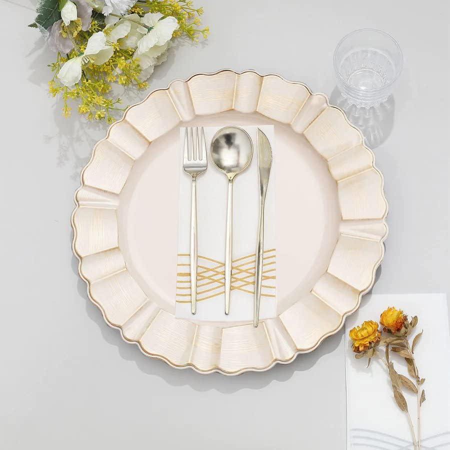 BalsaCircle 6 Dusty Blue Gold 13" Acrylic Wooden Textured Round Scalloped Trim Plastic Charger Plates