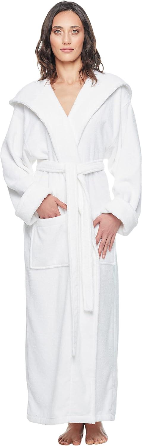 Women's Cotton Hooded Full Length Turkish Bathrobe White X-Large