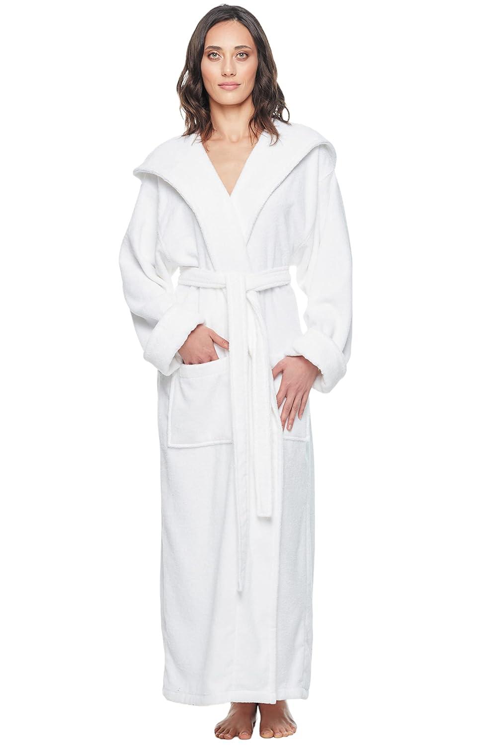 Women's Cotton Hooded Full Length Turkish Bathrobe White X-Large
