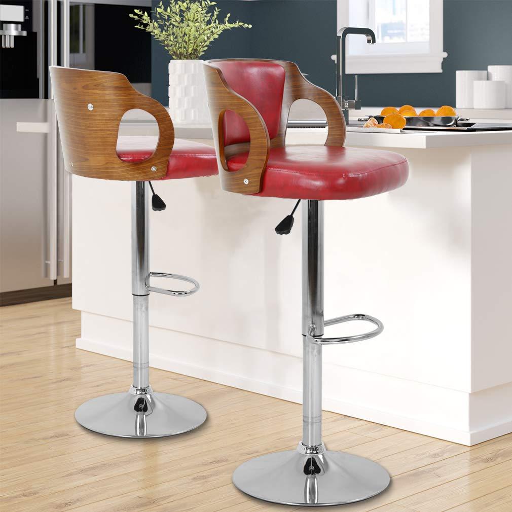 BestOffice Modern Bar Stool Set Of 2 Beech Barstools Height Adjustable Counter Stools PU Leather For Home Kitchen Dining Room Stools,Red