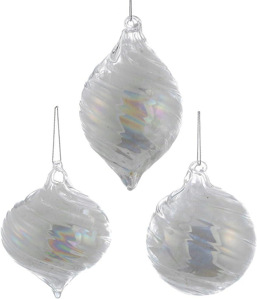 White Iridescent Glass Ball, Onion, and Finial Ornaments Set