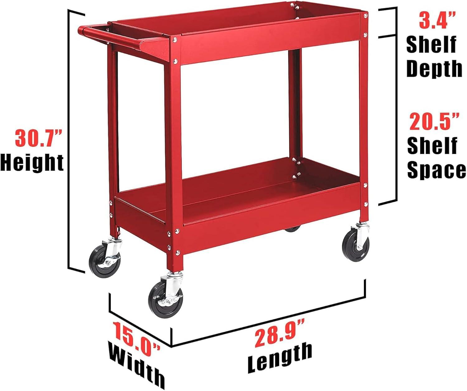 Red Heavy Duty 2-Shelf Steel Utility Cart with Swivel Casters