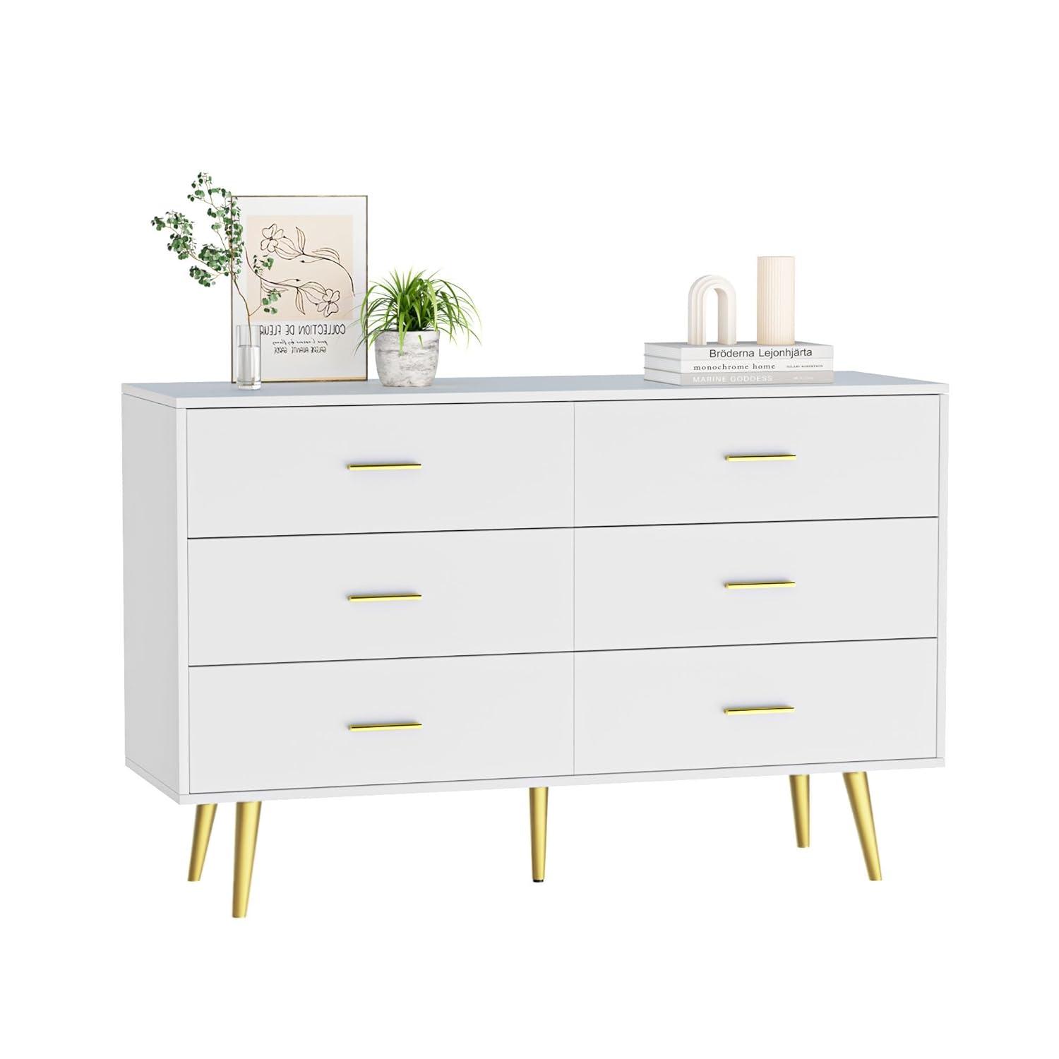 Danolapsi 6 Drawer Dresser,6-Drawer Chest of Drawers for Bedroom,Wooden Dresser with Gold Handles,Chest Dresser with Deep Drawers Modern Storage Drawers for Bedroom,Living Room and Entryway