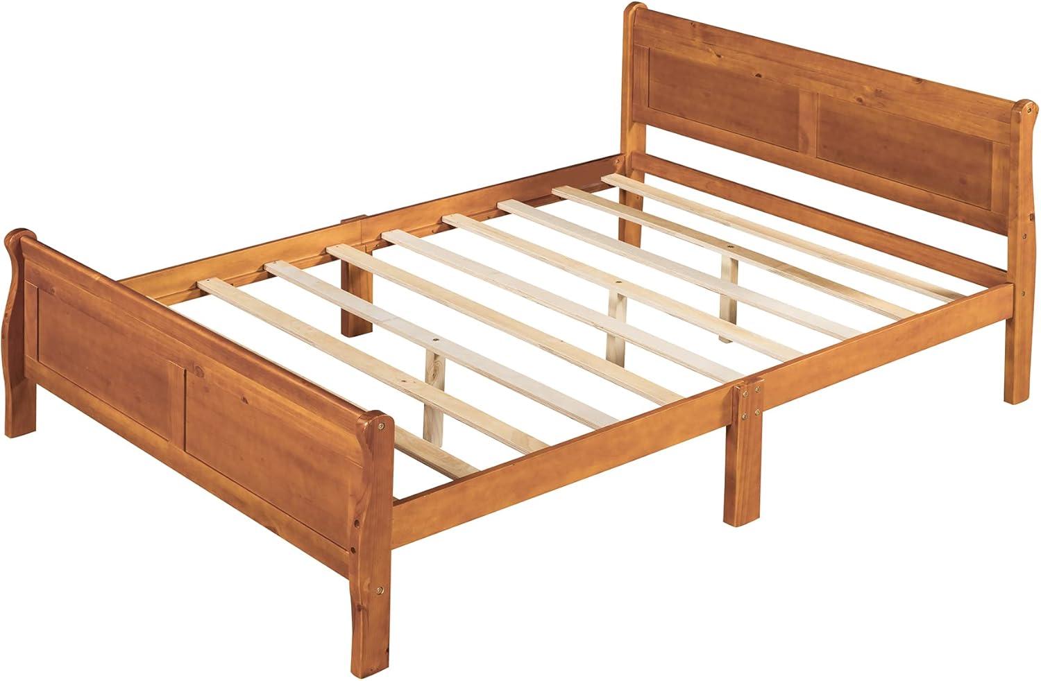 Full Size Pine Wood Platform Bed with Headboard and Slats