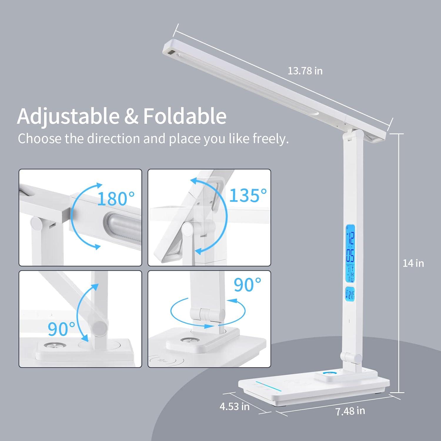 White Adjustable LED Desk Lamp with Wireless Charger and Clock