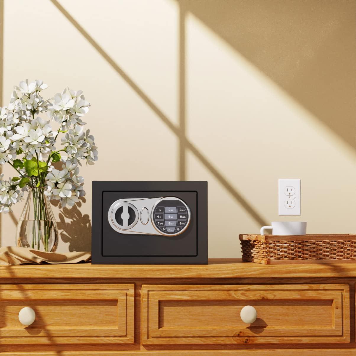 Goldenkey Small Safe Box for Money, Digital Home Safe Box with Keys&Code for Cash and Coin, Security Mini Safe for Kids Personal Items, 6.69"D x 9.05"W x 6.69"H, 0.236 Cu.Ft.