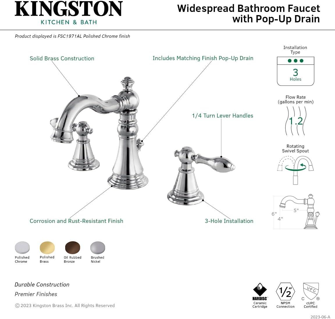 Kingston Brass English Classic Two-Handle 3-Hole Deck Mount Widespread Bathroom Faucet with Pop-Up Drain